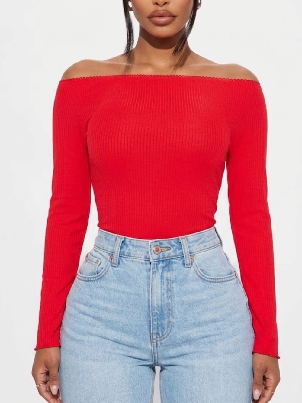 Off-Shoulder Ribbed Red Women's Sweater